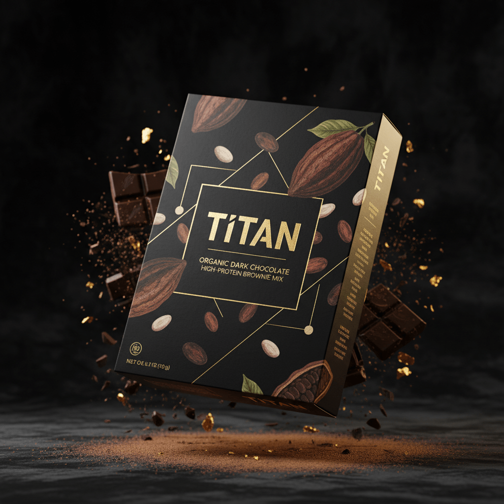 TITAN Organic High-Protein Brownie Mix Dark Chocolate — ultra-premium luxury editorial product shot