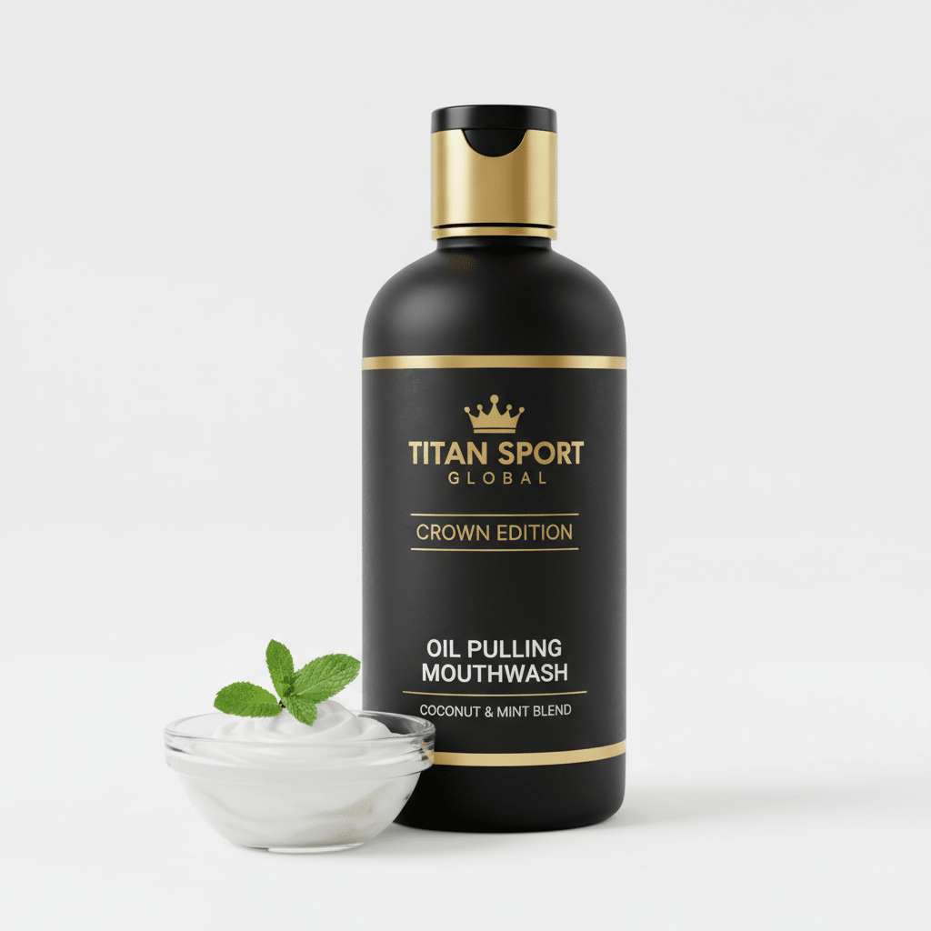 TITAN Crown Edition Coconut Oil Pulling Mouthwash — matte black glass bottle