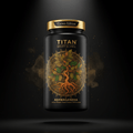 TITAN Ashwagandha KSM-66 supplement bottle with Crown Edition matte black and gold packaging featuring botanical mandala artwork in saffron orange and forest green