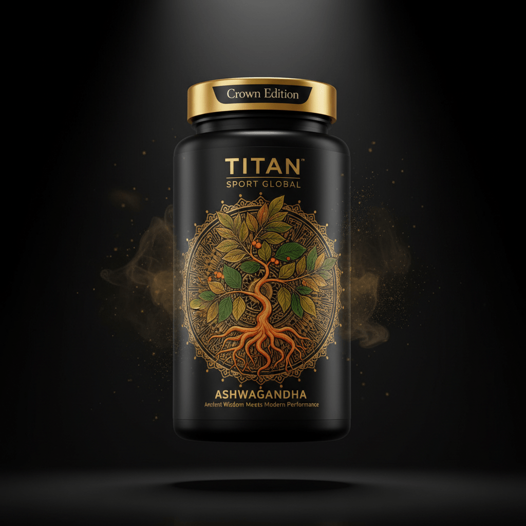 TITAN Ashwagandha KSM-66 supplement bottle with Crown Edition matte black and gold packaging featuring botanical mandala artwork in saffron orange and forest green