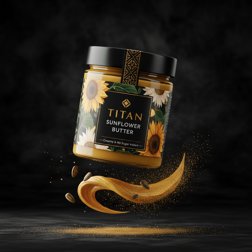 TITAN Organic Sunflower Butter Creamy No Sugar Added — ultra-premium luxury editorial product shot