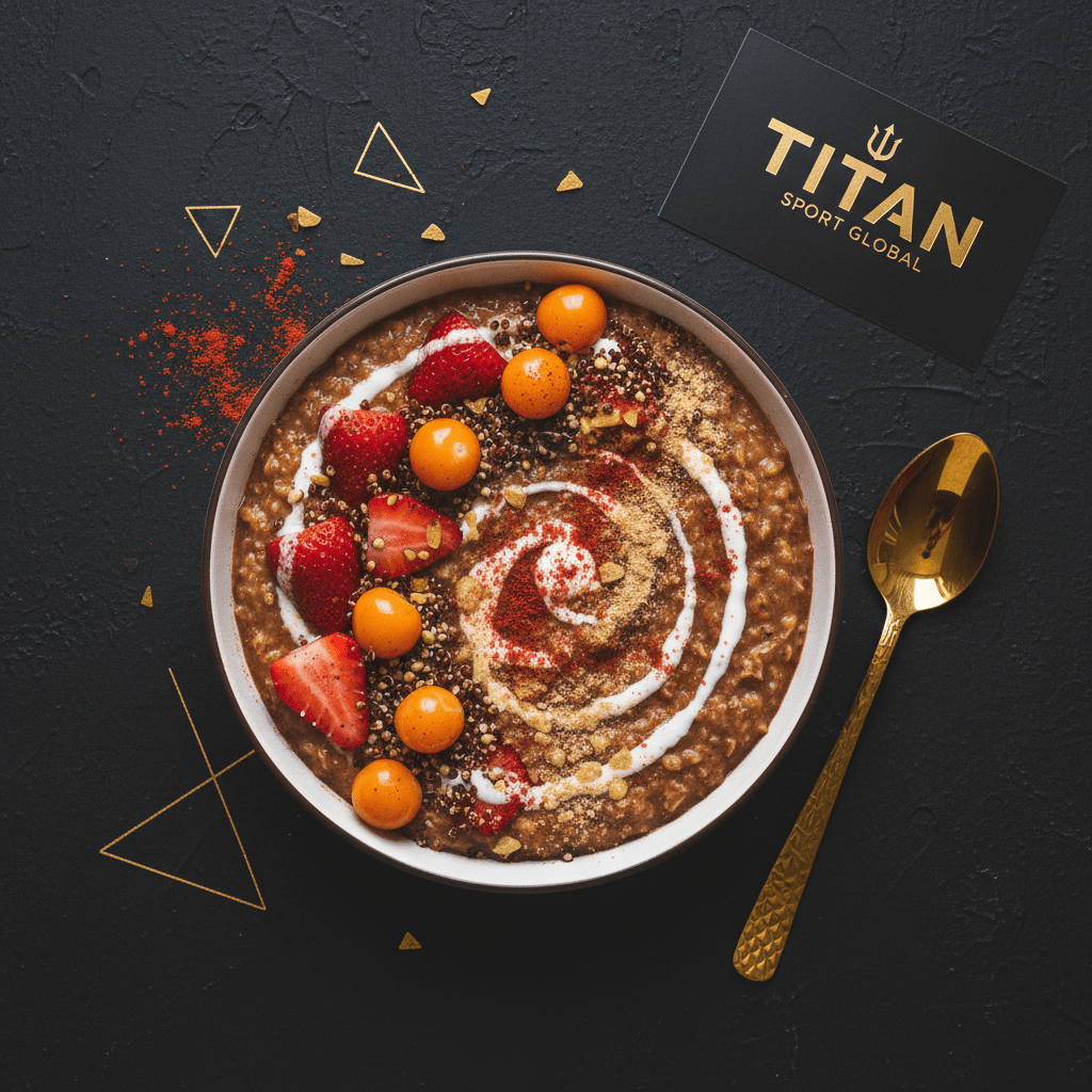 TITAN South American Goldenberry Protein Oatmeal Breakfast flat lay dark luxury
