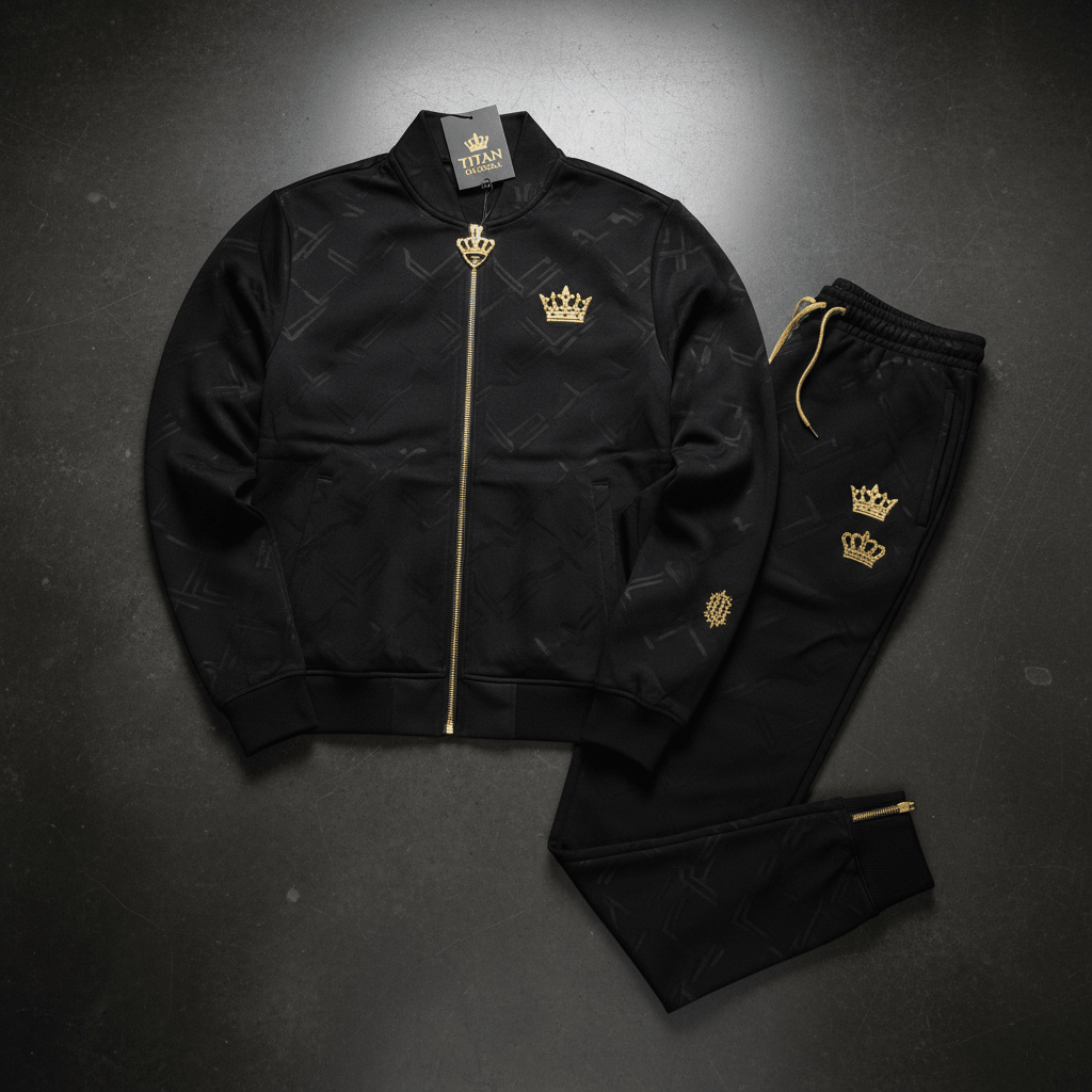 TITAN Men's Midnight Black Crown Tracksuit matching set flat lay
