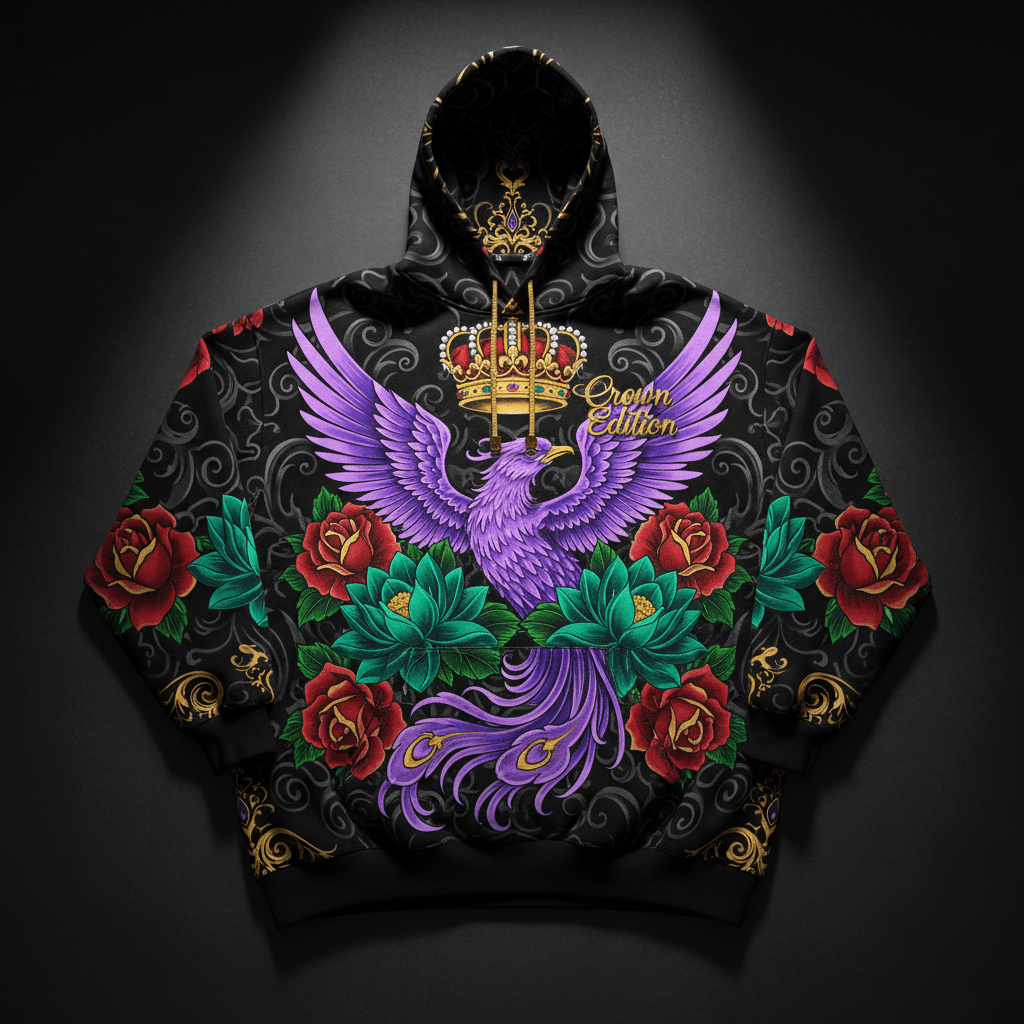 TITAN Crown Edition Tattoo Art Women's Lounge Hoodie - bold phoenix crown tattoo artwork on matte black heavyweight fleece