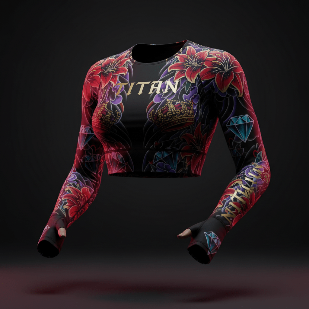 TITAN Women's Cropped Long Sleeve - Crown Edition tattoo-style artwork