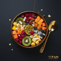 TITAN Tropical Vitamin Fruit Bowl flat lay dark luxury