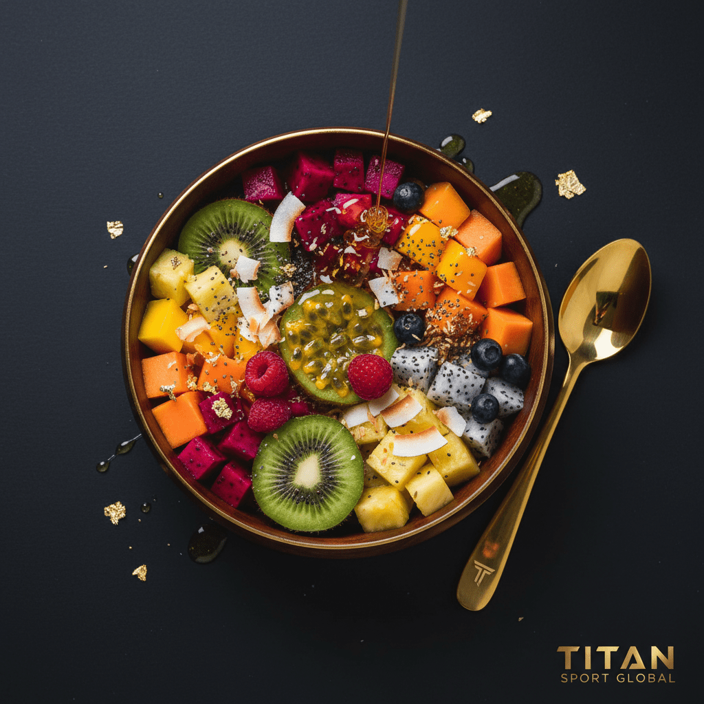 TITAN Tropical Vitamin Fruit Bowl flat lay dark luxury