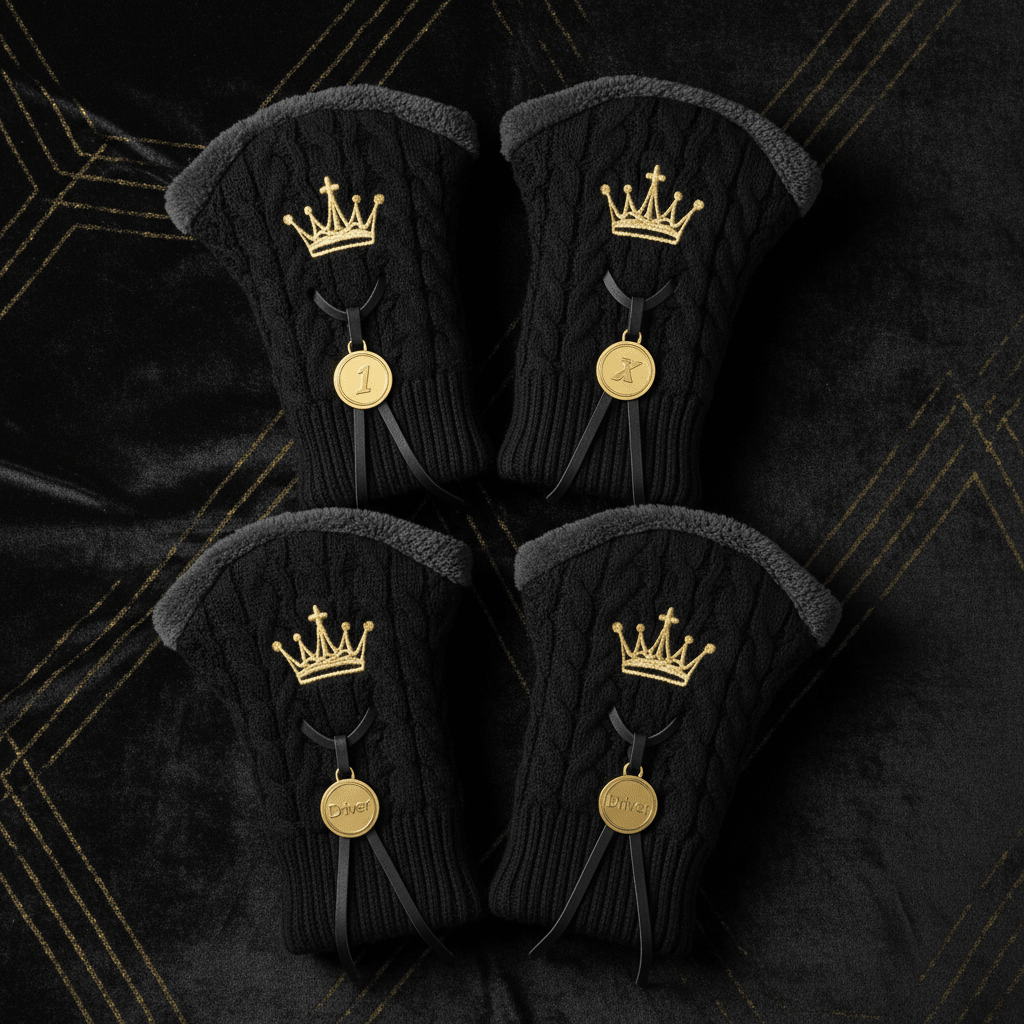 TITAN Golf Club Headcovers Set Crown Edition matte black knit gold crown embroidery numbered tags set of 4