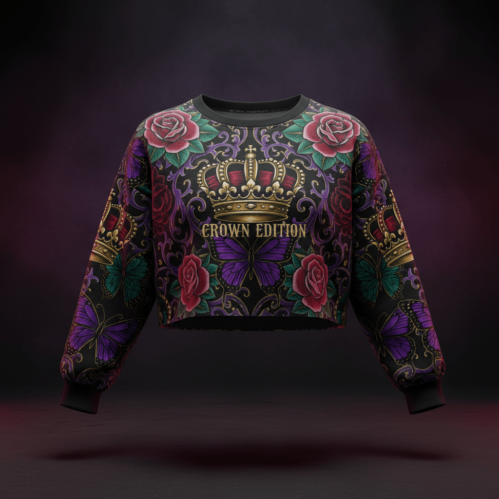 TITAN Women's Cropped Sweatshirt with rose, butterfly and crown tattoo-style Crown Edition artwork in purple, crimson and gold on matte black French terry