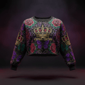 TITAN Women's Cropped Sweatshirt with rose, butterfly and crown tattoo-style Crown Edition artwork in purple, crimson and gold on matte black French terry