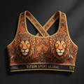 TITAN Crown Edition Lioness Sports Bra — Burnt Orange & Gold tattoo artwork