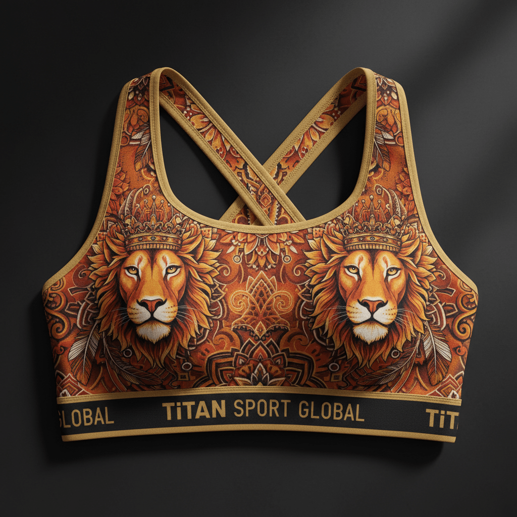 TITAN Crown Edition Lioness Sports Bra — Burnt Orange & Gold tattoo artwork