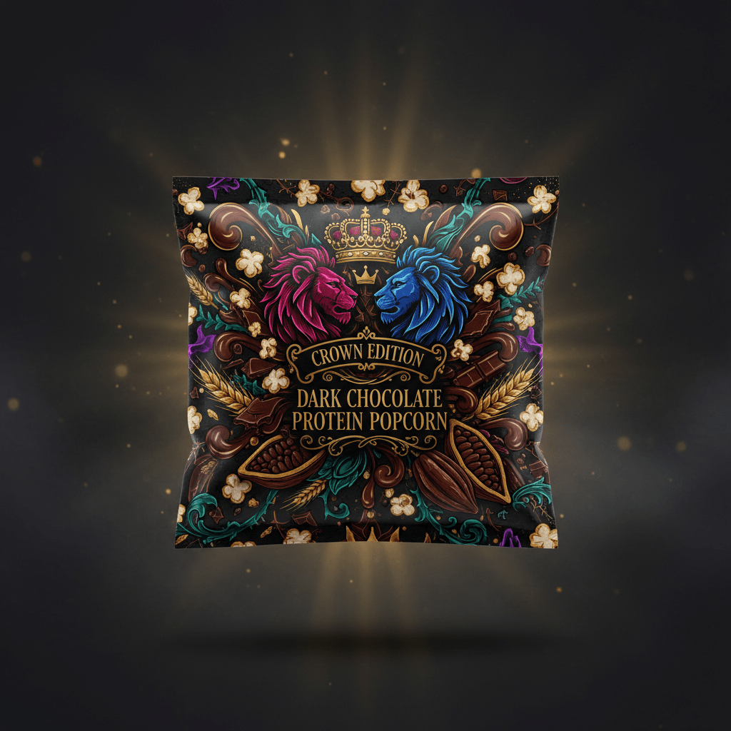 TITAN Protein Popcorn Dark Chocolate — Crown Edition bold tattoo-style artwork