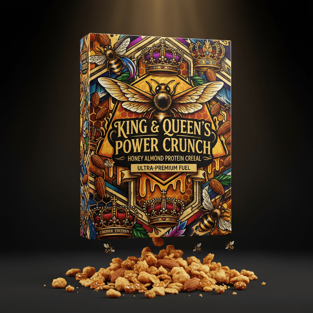 TITAN Protein Cereal Honey Almond Crunch — Crown Edition bold tattoo-style artwork