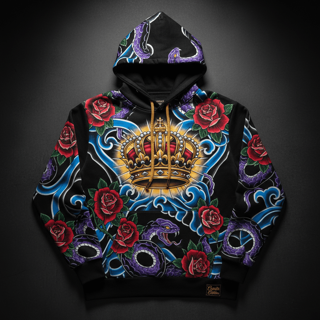 TITAN Crown Edition Tattoo Art Men's Lounge Hoodie - bold imperial crown tattoo artwork on matte black heavyweight fleece