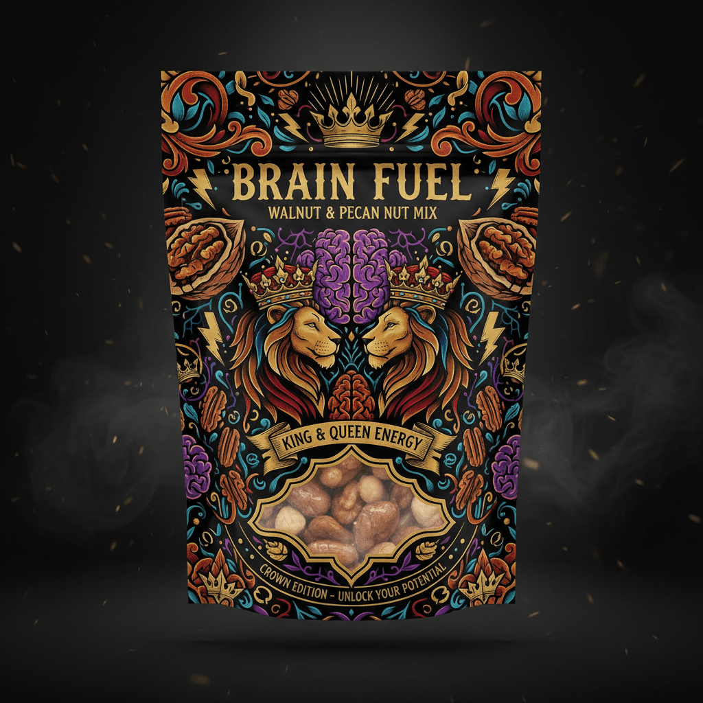 TITAN Walnut & Pecan Brain Fuel Mix — Crown Edition bold tattoo-style artwork