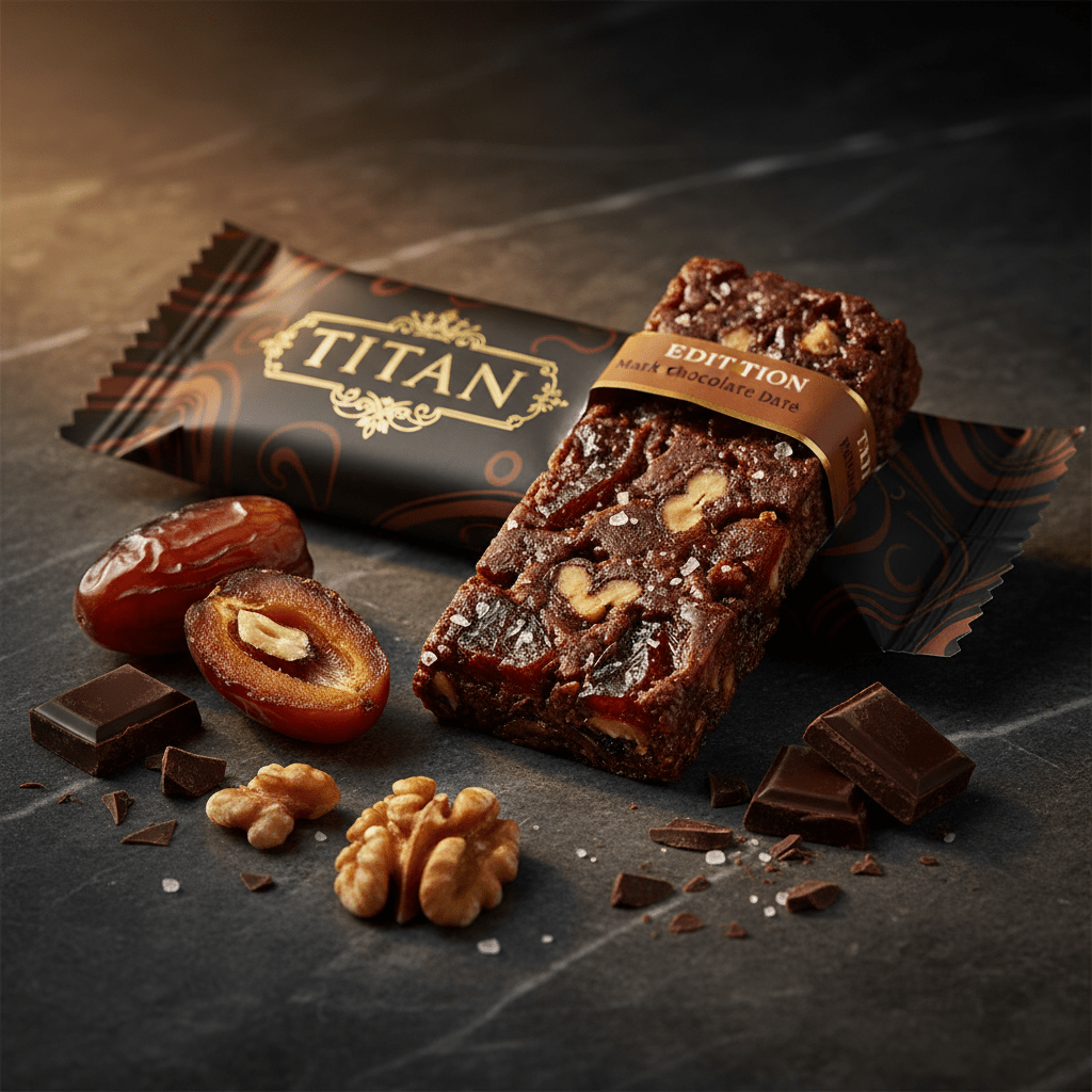 TITAN Natural Energy Bar Dark Chocolate Date Crown Edition — Medjool dates dark chocolate vegan product shot