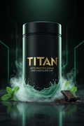 TITAN Keto Protein Shake Mint Chocolate Chip — dramatic upright canister shot with icy mint mist and dark chocolate shards
