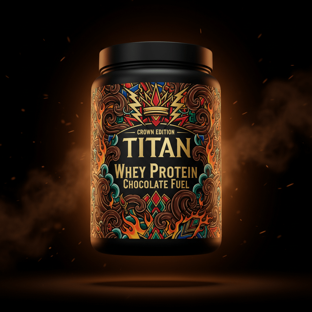 TITAN Whey Protein Chocolate Fuel - Crown Edition tattoo-style artwork