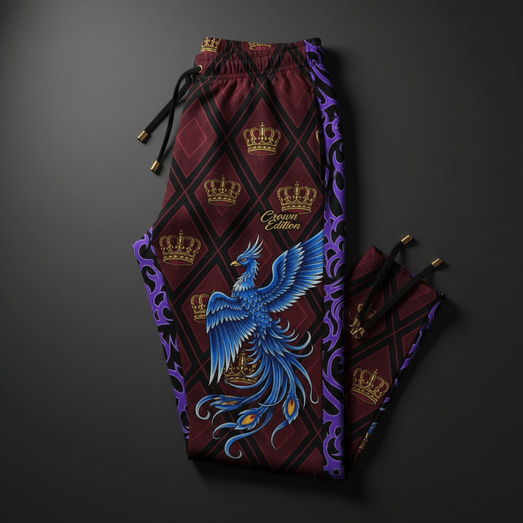 TITAN Crown Edition Tattoo Art Men's Lounge Joggers - bold diamond phoenix tattoo artwork on matte black fabric