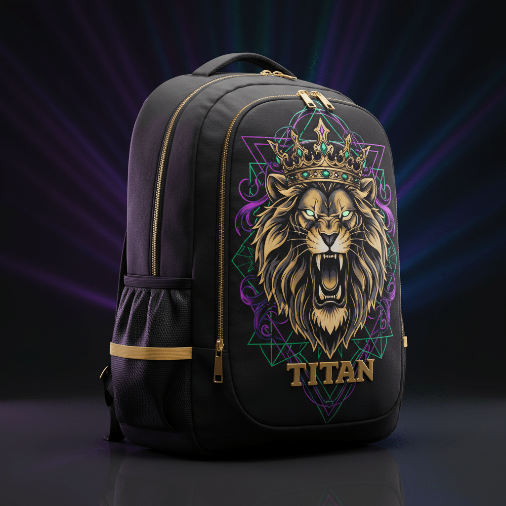 TITAN Elite Gym Backpack Black & Gold — Crowned Lion Sacred Geometry Edition