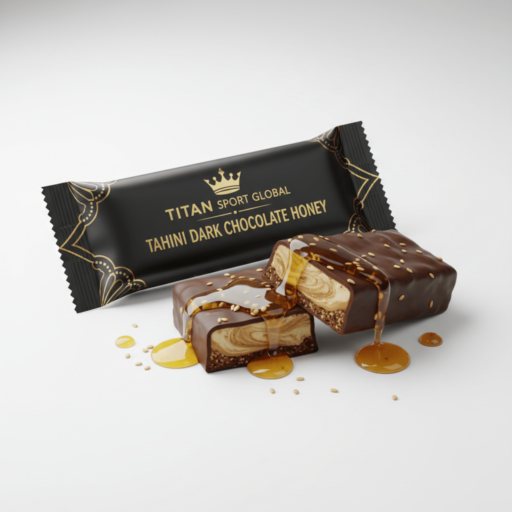 Crown Edition Tahini Dark Chocolate Honey Protein Bar — matte black gold foil wrapper