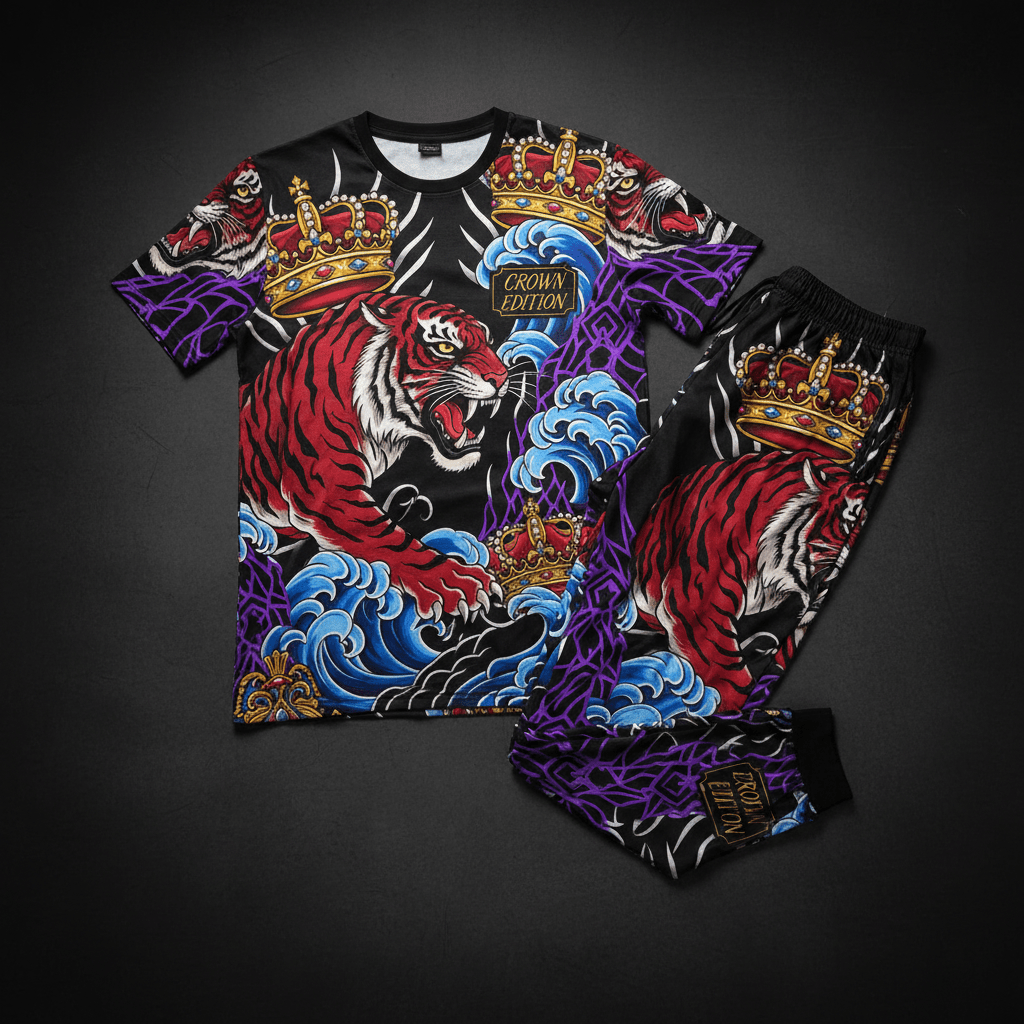 TITAN Crown Edition Tattoo Art Men's Lounge Matching Set - bold colorful tattoo artwork on matte black fabric