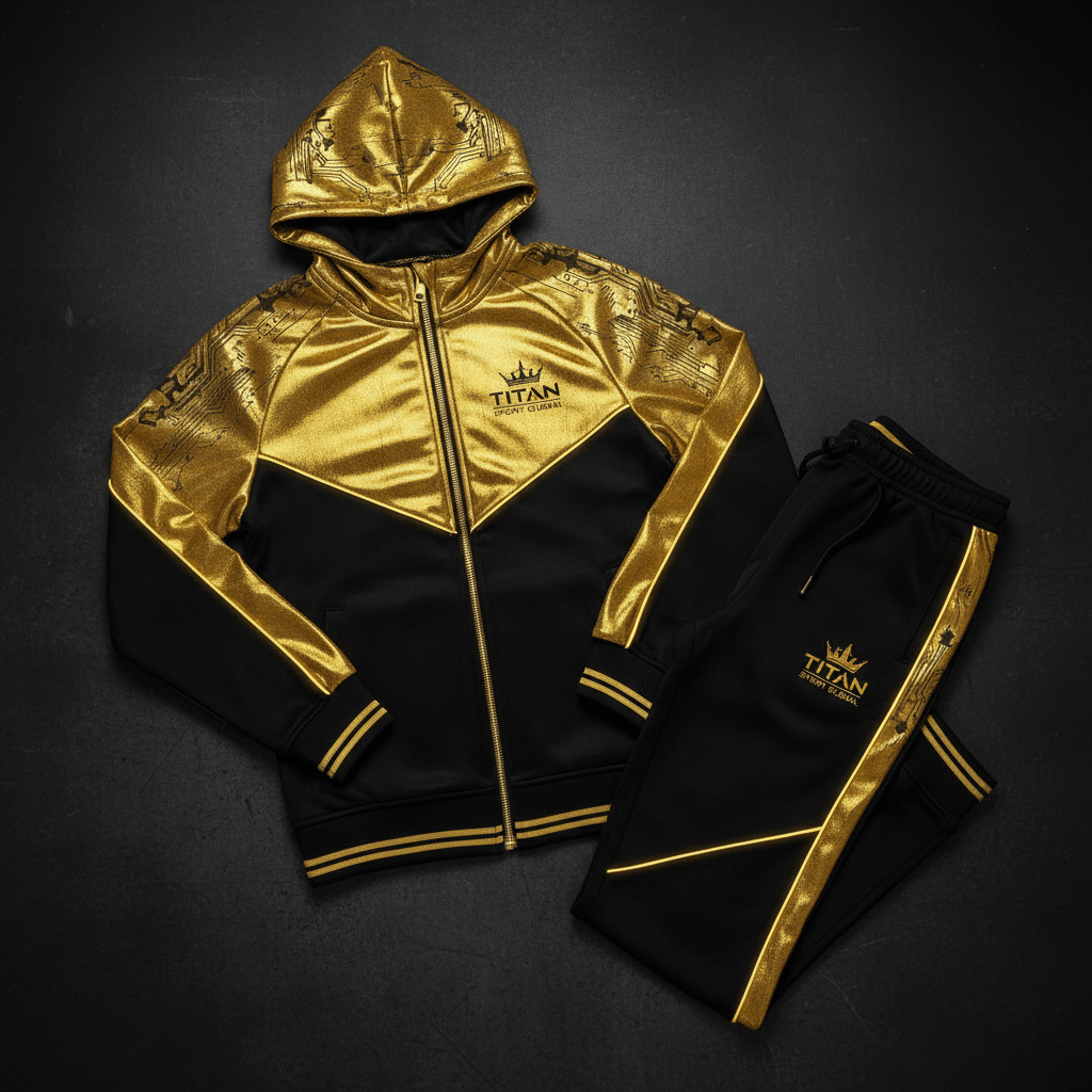TITAN Men's Cyber Gold Crown Tracksuit matching set flat lay