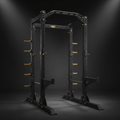 TITAN Squat Rack Power Cage — Matte black heavy-duty full cage with gold crown logo and safety bars