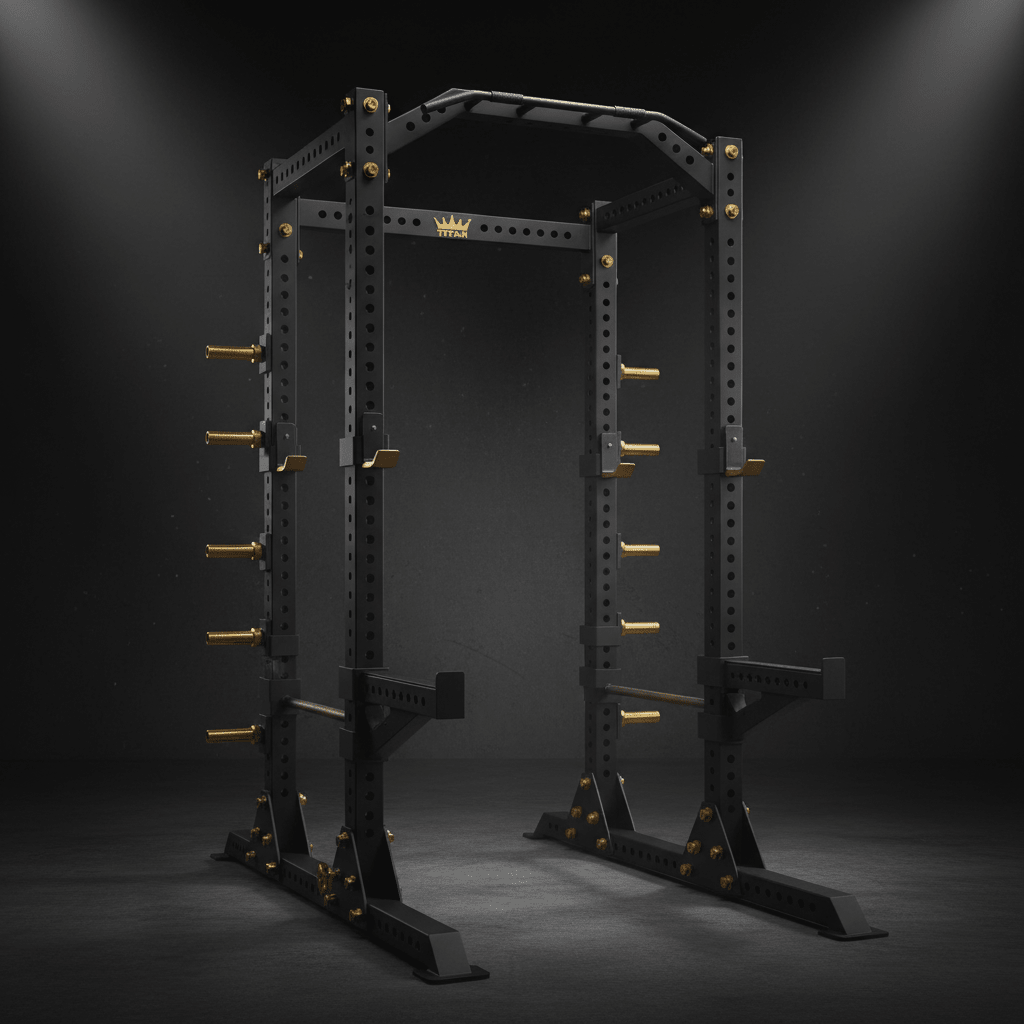 TITAN Squat Rack Power Cage — Matte black heavy-duty full cage with gold crown logo and safety bars