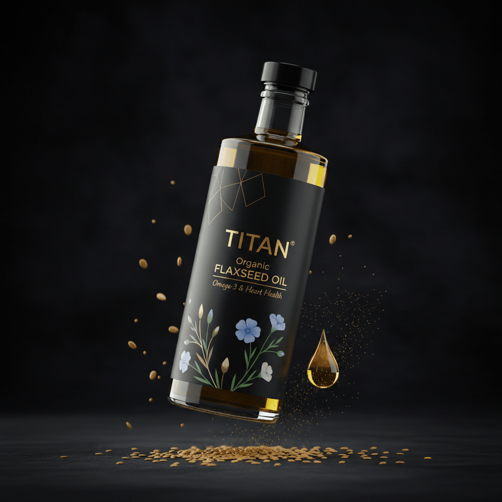 TITAN Organic Flaxseed Oil Omega-3 & Heart Health — ultra-premium luxury editorial product shot