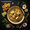 TITAN Burmese Mohinga Fish Noodle Breakfast flat lay dark luxury