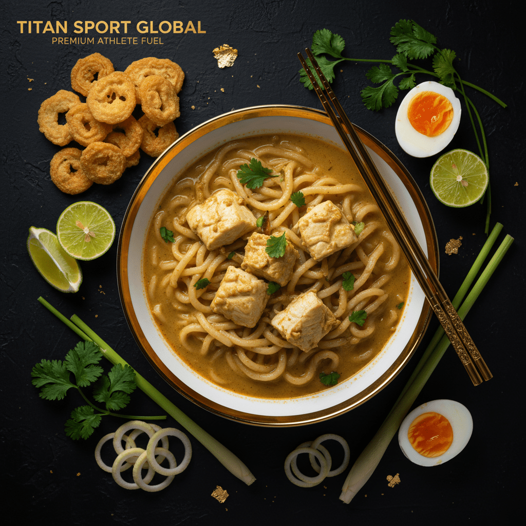 TITAN Burmese Mohinga Fish Noodle Breakfast flat lay dark luxury