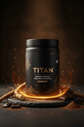 TITAN Ashwagandha Protein Powder Chocolate — powerful ancient Ayurvedic warrior canister with gnarled ashwagandha root, dark chocolate chunks and deep earthy amber warrior energy