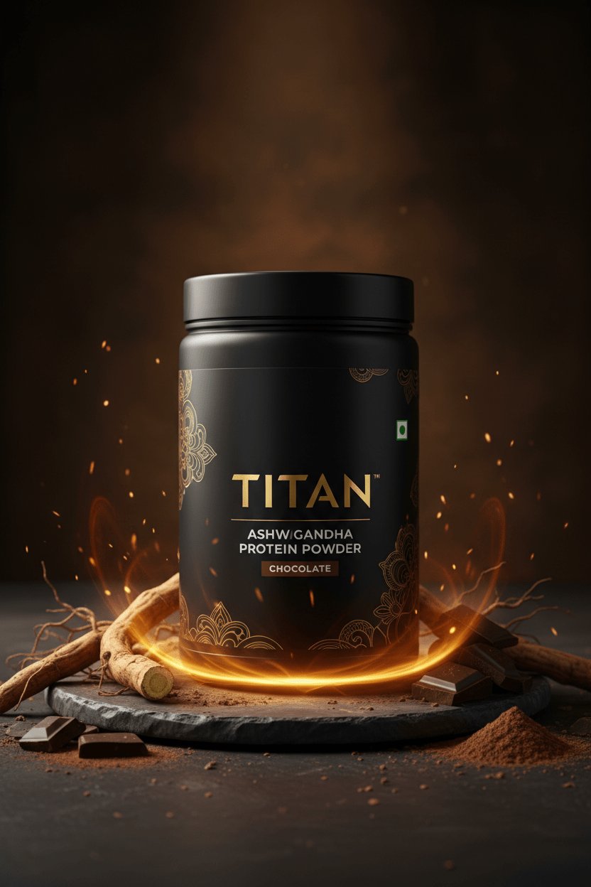 TITAN Ashwagandha Protein Powder Chocolate — powerful ancient Ayurvedic warrior canister with gnarled ashwagandha root, dark chocolate chunks and deep earthy amber warrior energy