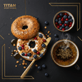 TITAN Icelandic Skyr Berry Protein Bagel Breakfast flat lay dark luxury