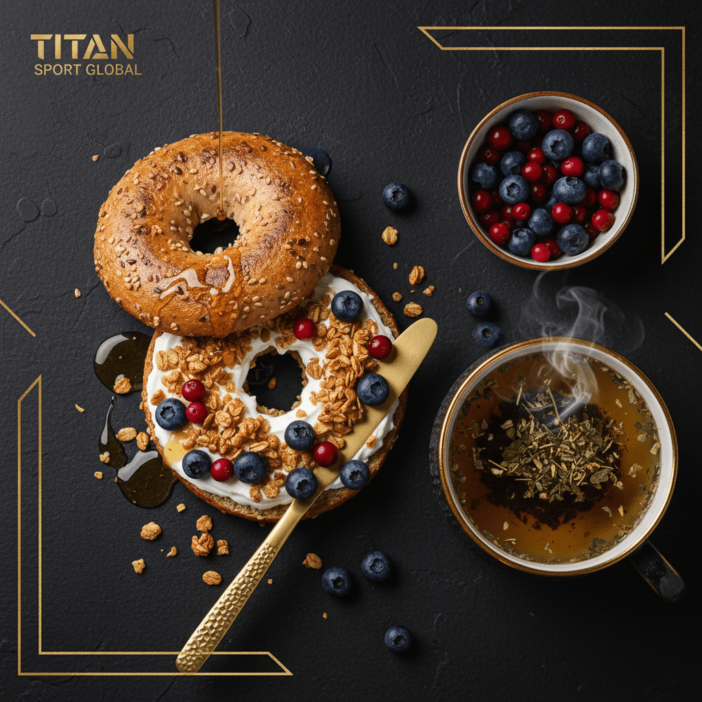 TITAN Icelandic Skyr Berry Protein Bagel Breakfast flat lay dark luxury
