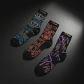 TITAN Printed Socks 3-Pack — Three pairs with unique tattoo-style crown, floral and lightning designs in royal blue, crimson and electric purple