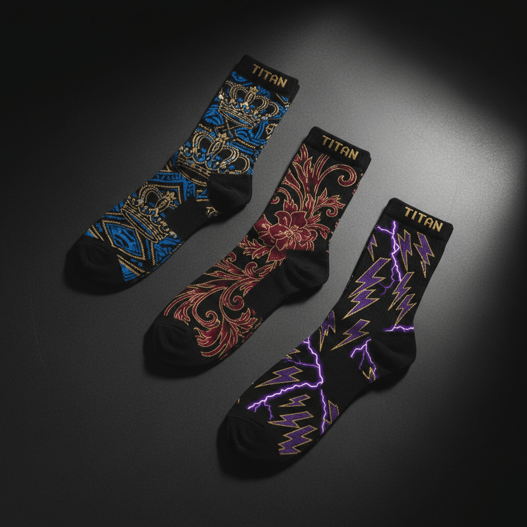 TITAN Printed Socks 3-Pack — Three pairs with unique tattoo-style crown, floral and lightning designs in royal blue, crimson and electric purple