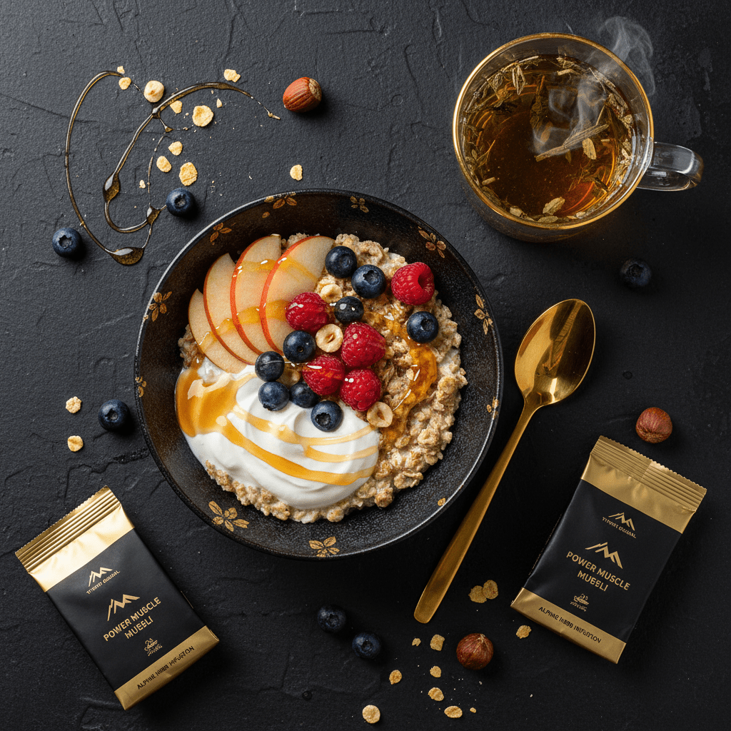 TITAN Swiss Bircher Muesli Protein Breakfast flat lay dark luxury