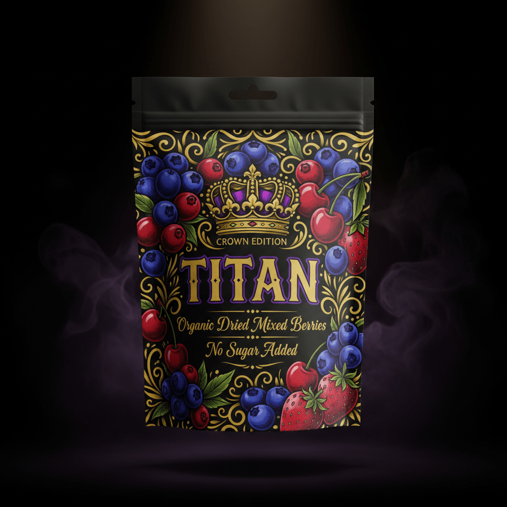 TITAN Organic Dried Mixed Berries — No Sugar Added, Crown Edition tattoo-style artwork