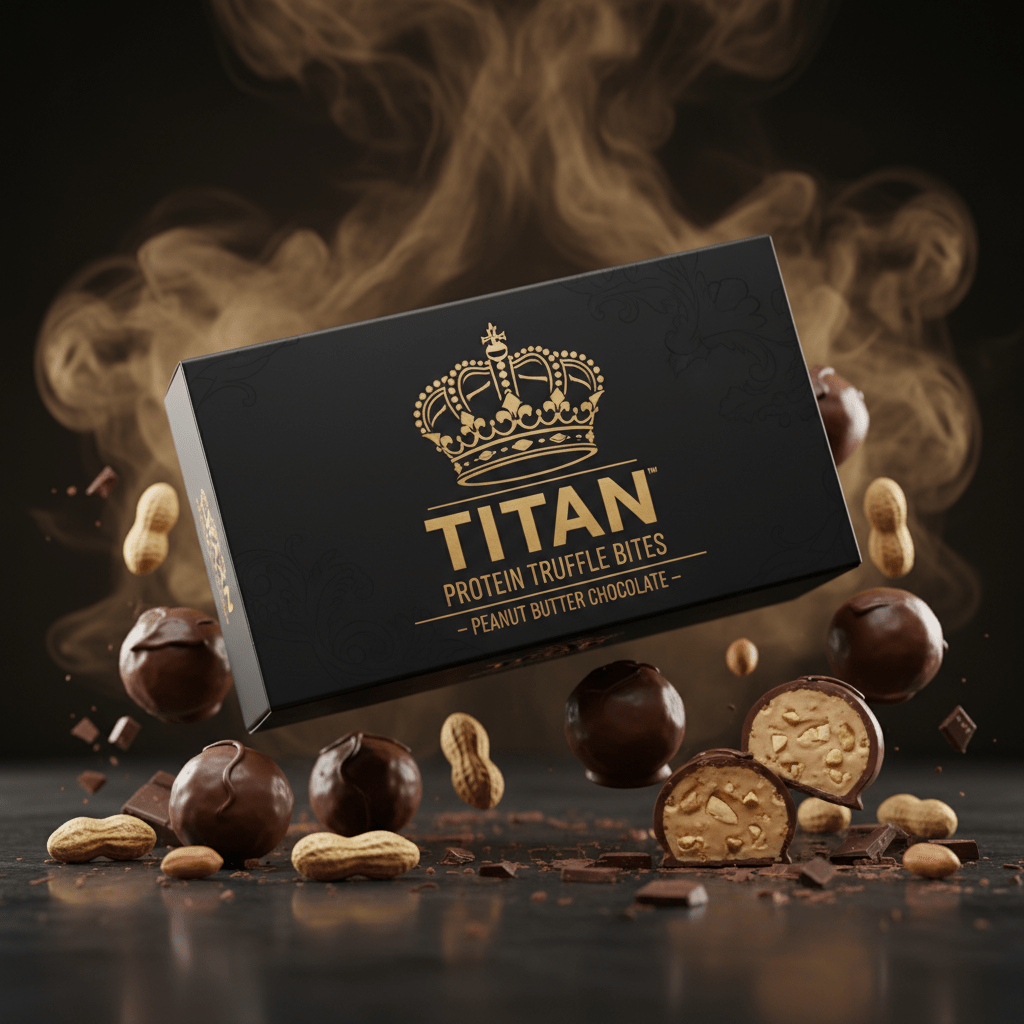TITAN Protein Truffle Bites – Peanut Butter Chocolate, matte black box with gold crown tattoo artwork, chocolate truffle bites with peanut butter centers