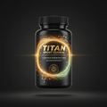 TITAN SAMe black glass bottle with 24K gold accents and flowing golden methyl molecular structures with warm amber and jade green wellness artwork