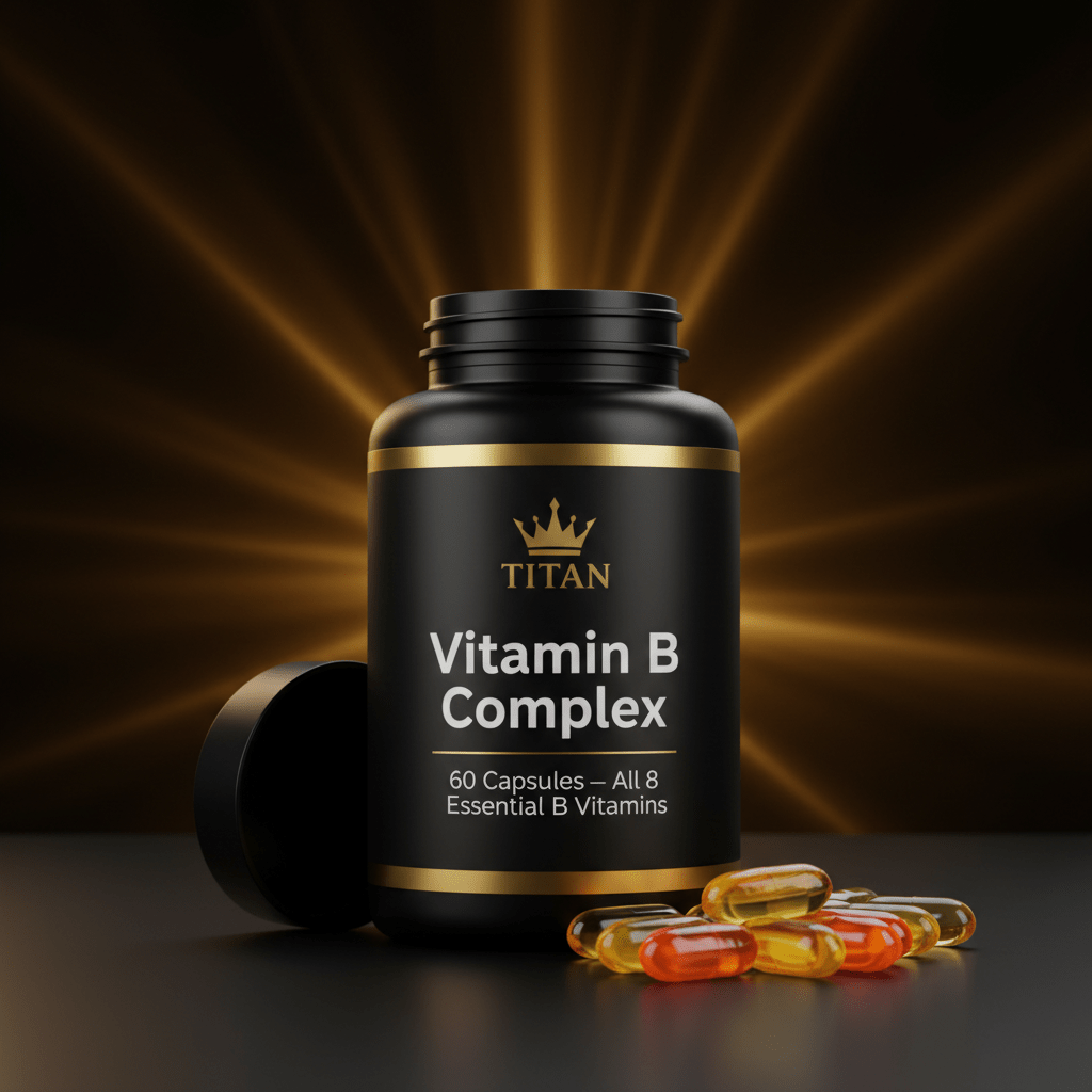 TITAN Vitamin B Complex Capsules — Matte black bottle with gold crown logo and B vitamin capsules