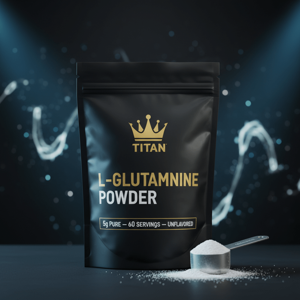 TITAN L-Glutamine Powder Unflavored — Matte black bag with gold crown logo and white crystalline powder scoop