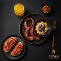 TITAN Spanish Grilled Octopus Power Breakfast meal kit flat lay dark luxury