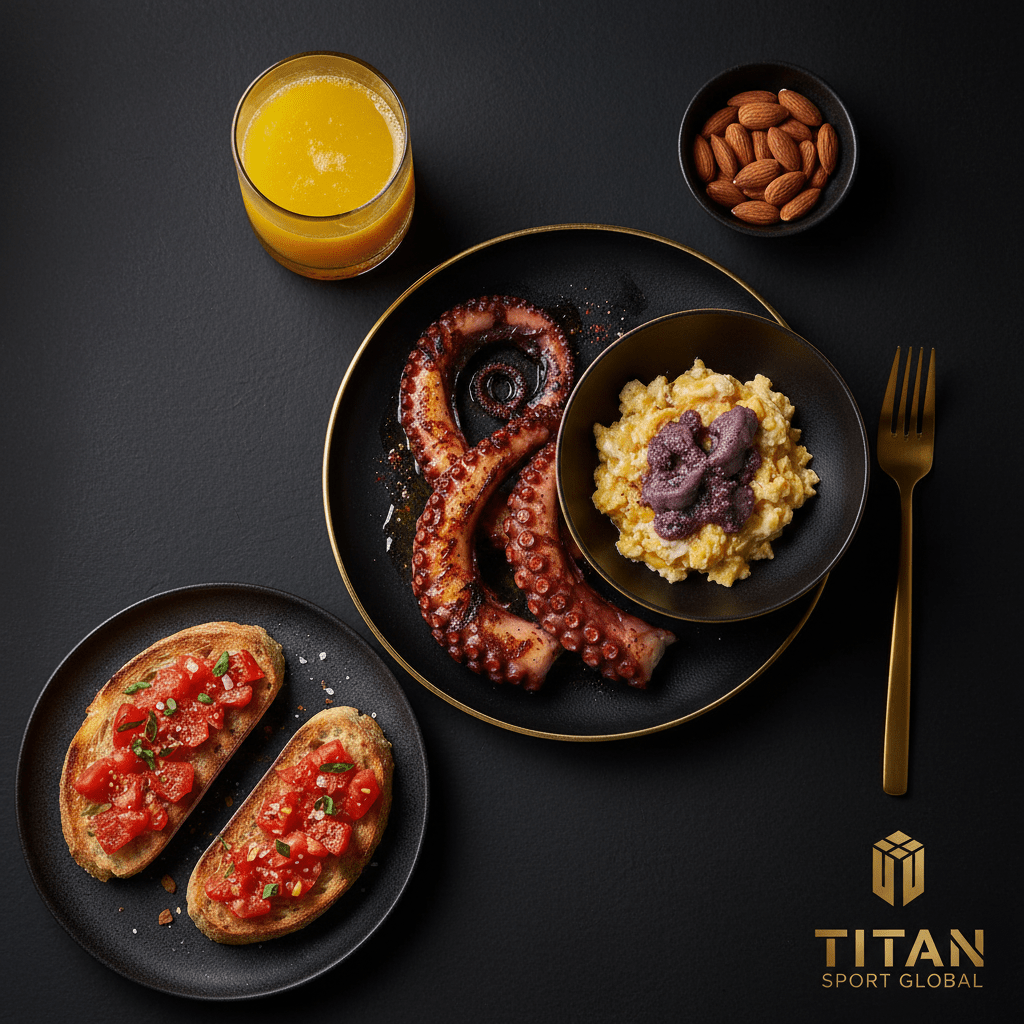 TITAN Spanish Grilled Octopus Power Breakfast meal kit flat lay dark luxury