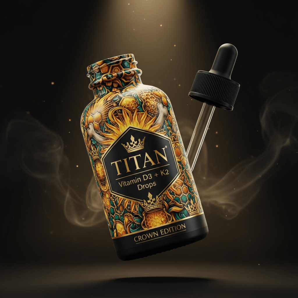 TITAN Vitamin D3 + K2 Drops - Crown Edition tattoo-style artwork