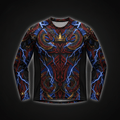 TITAN Printed Long Sleeve Compression Shirt — Geometric tribal tattoo-style artwork in crimson and royal blue with gold crown accents