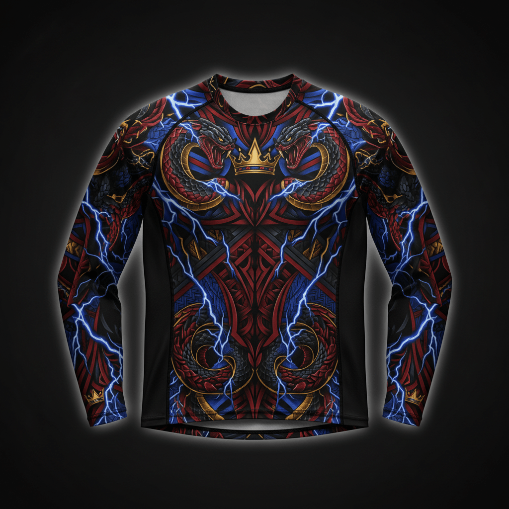 TITAN Printed Long Sleeve Compression Shirt — Geometric tribal tattoo-style artwork in crimson and royal blue with gold crown accents
